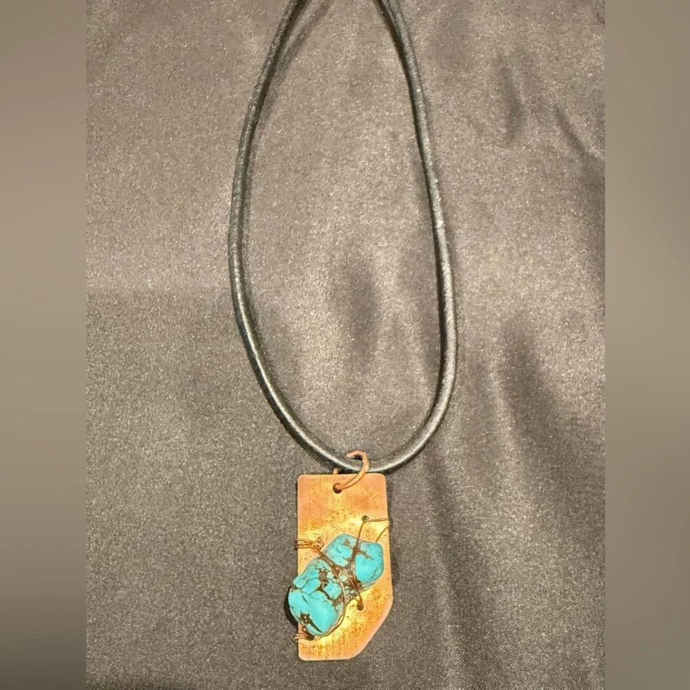 Artisan Copper Wire Wrapped Natural Turquoise Pendant with Leather Cord